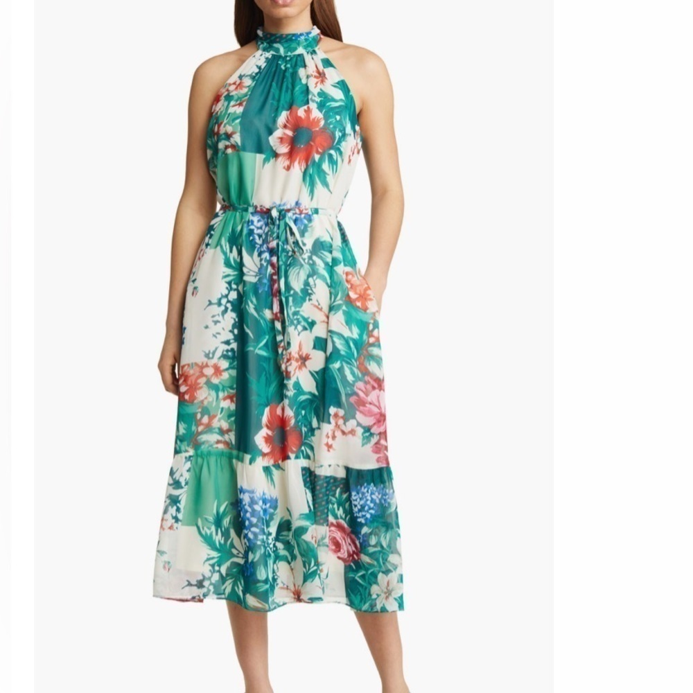 DONNA RICCO NWT Floral Tie Waist Halter Midi Dress Size 4 in Ivory Multi
